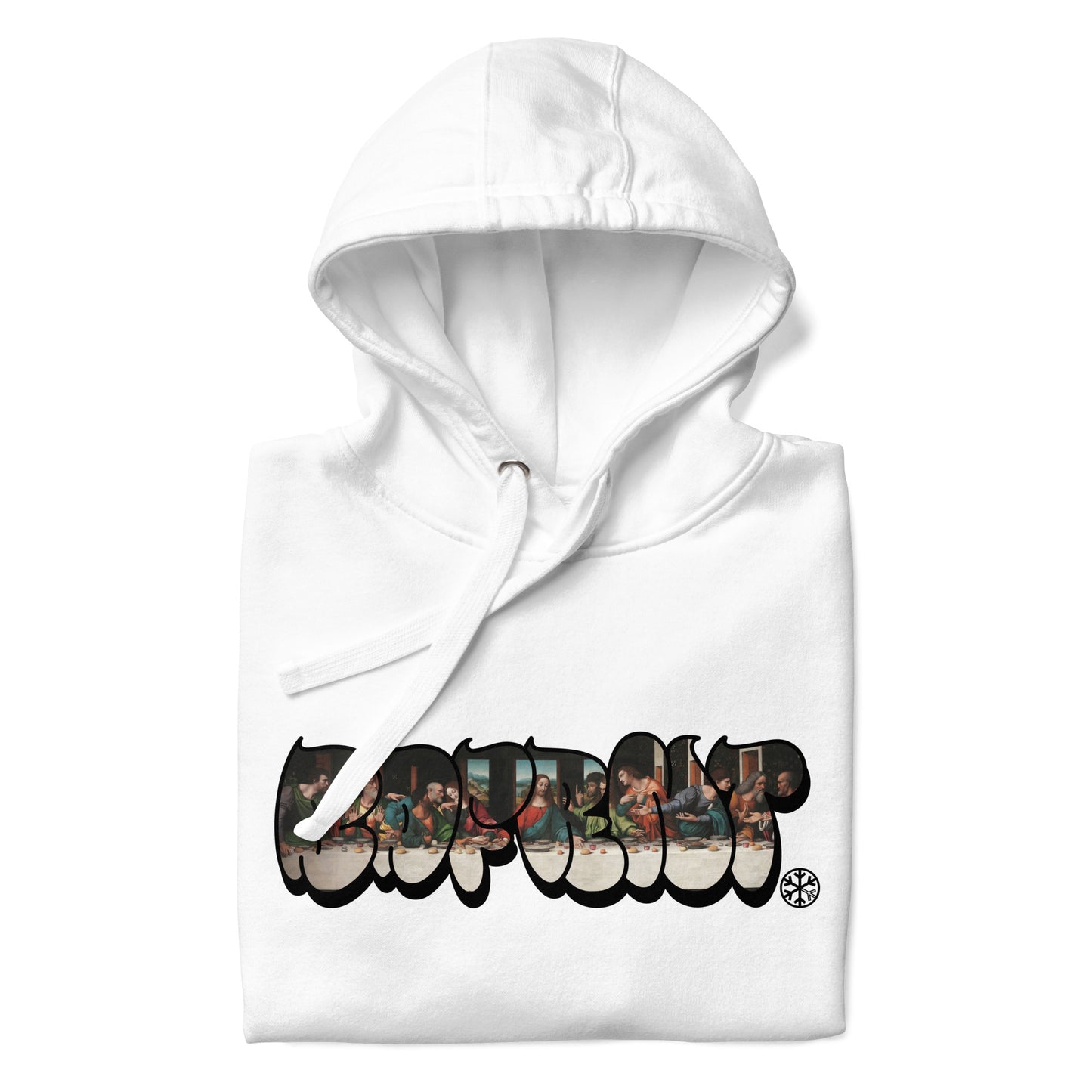 White-BDFRNT Throwie x Last Supper Graffiti Hoodie from B.Different Clothing, folded, graffiti-inspired streetwear