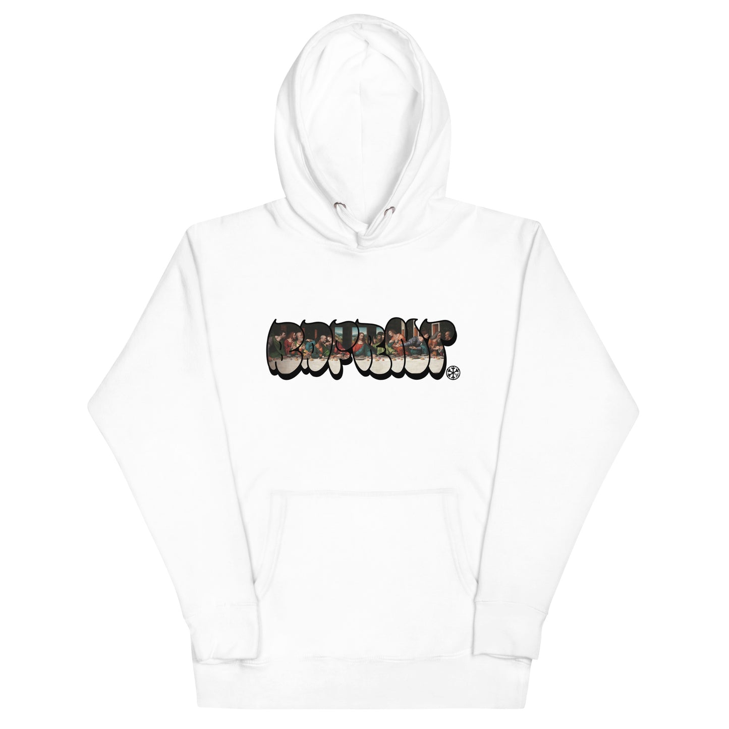 White-BDFRNT Throwie x Last Supper Graffiti Hoodie from B.Different Clothing, front view, graffiti-inspired streetwear