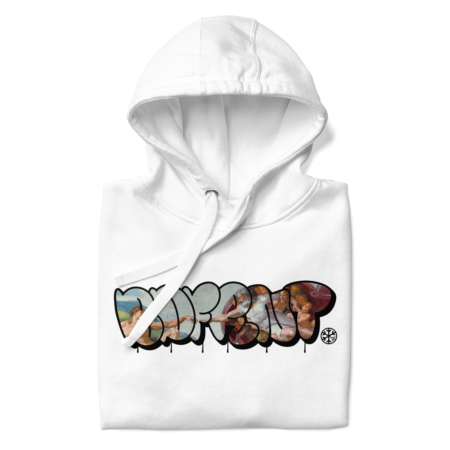 White-BDFRNT Throwie x Creation of Adam Graffiti Hoodie from B.Different Clothing, folded, graffiti-inspired streetwear