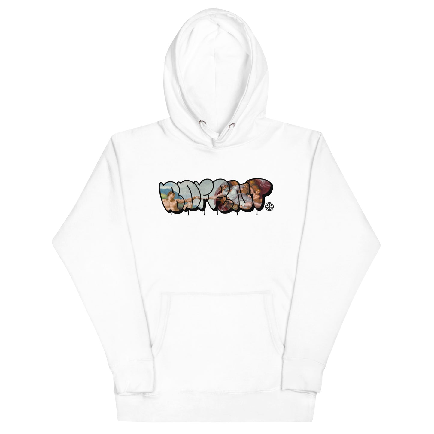 White-BDFRNT Throwie x Creation of Adam Graffiti Hoodie from B.Different Clothing, front view, graffiti-inspired streetwear