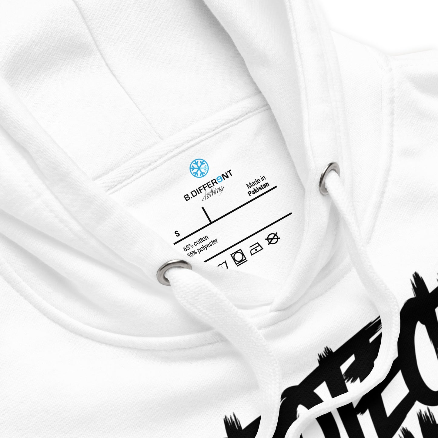 White-Protect Your Vibe Graffiti Tag hoodie from B.Different Clothing, collar, graffiti-inspired streetwear