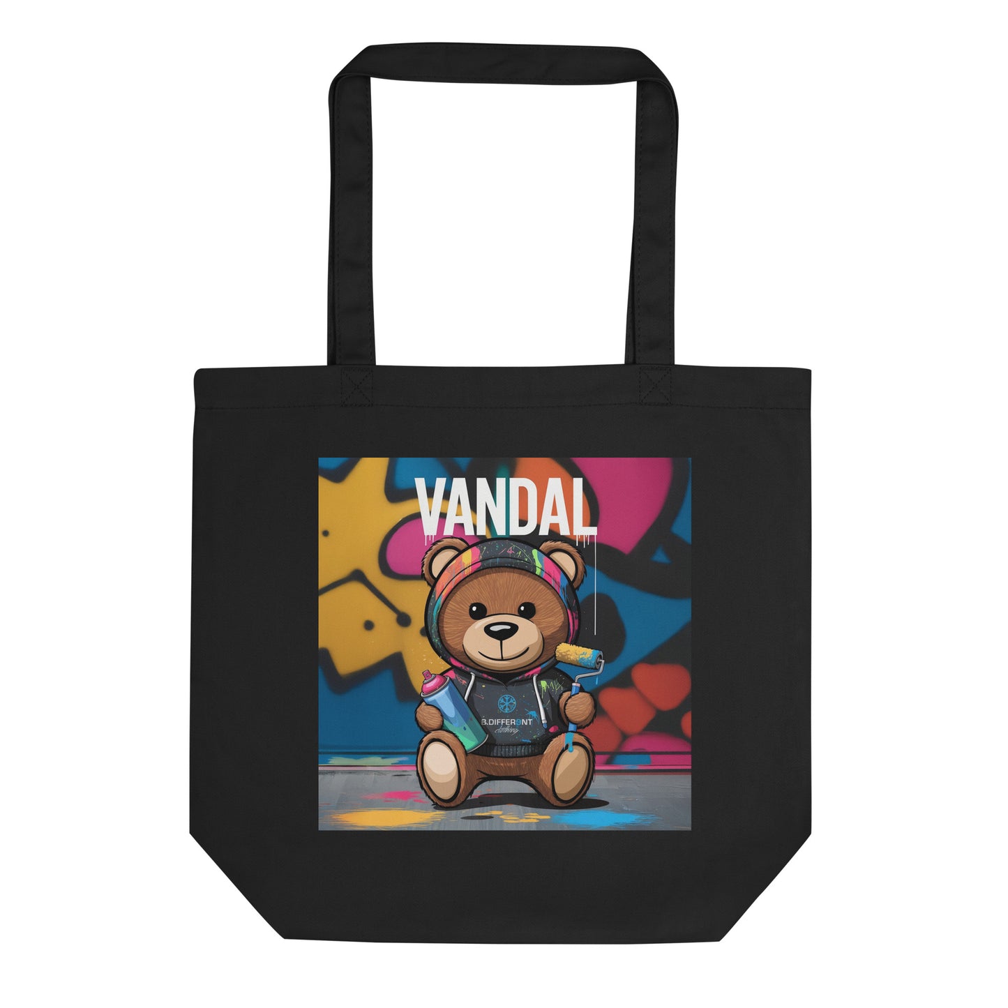 Vandal Teddy Bear Graffiti Tote Bag black from B.Different Clothing, front view, graffiti-inspired streetwear