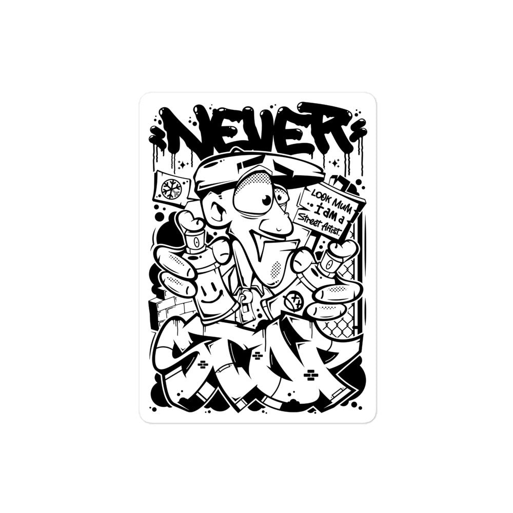 Never Stop Graffiti Character Sticker from B.Different Clothing, graffiti-inspired streetwear