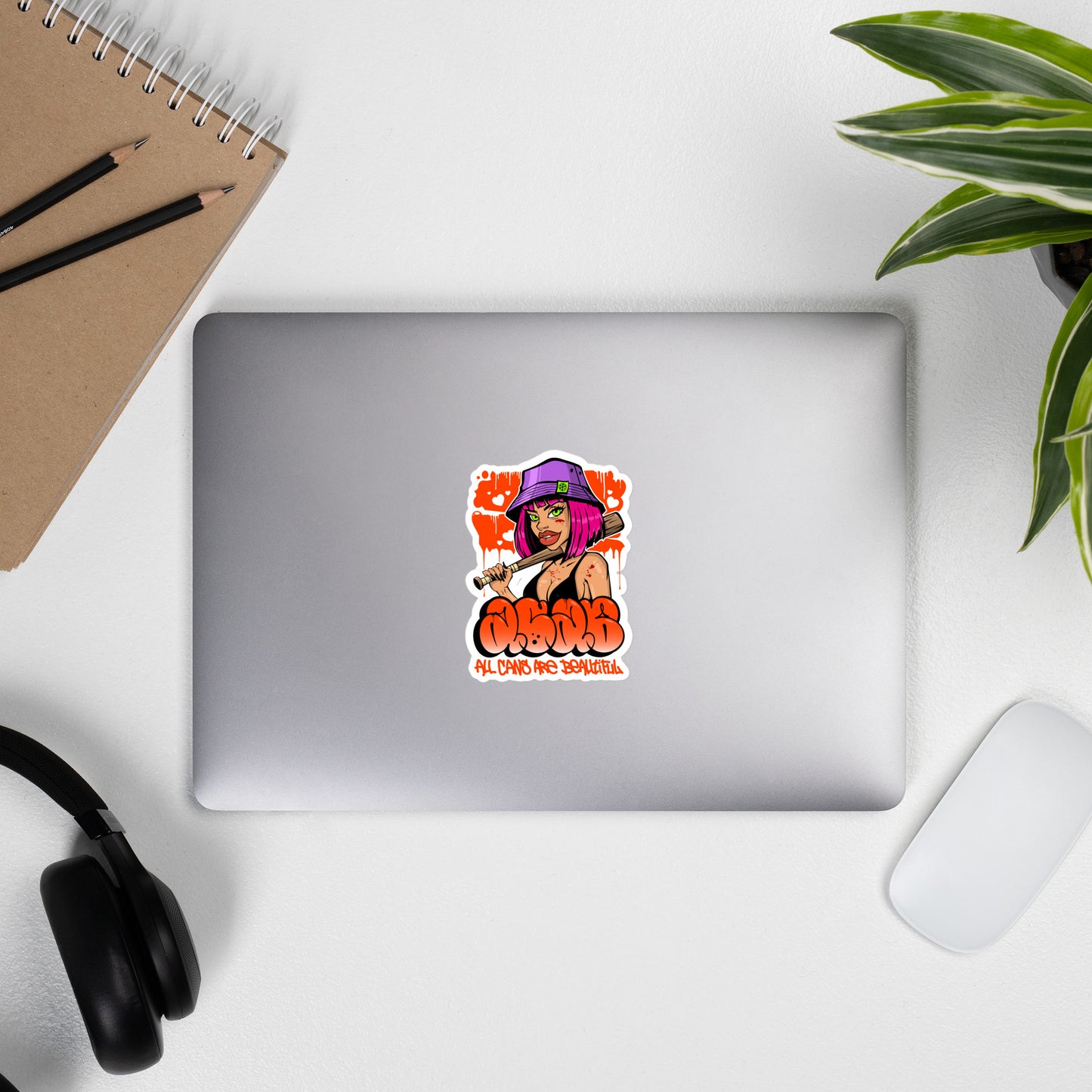 Laptop with ACAB Girl Graffiti Sticker from B.Different Clothing, graffiti-inspired streetwear