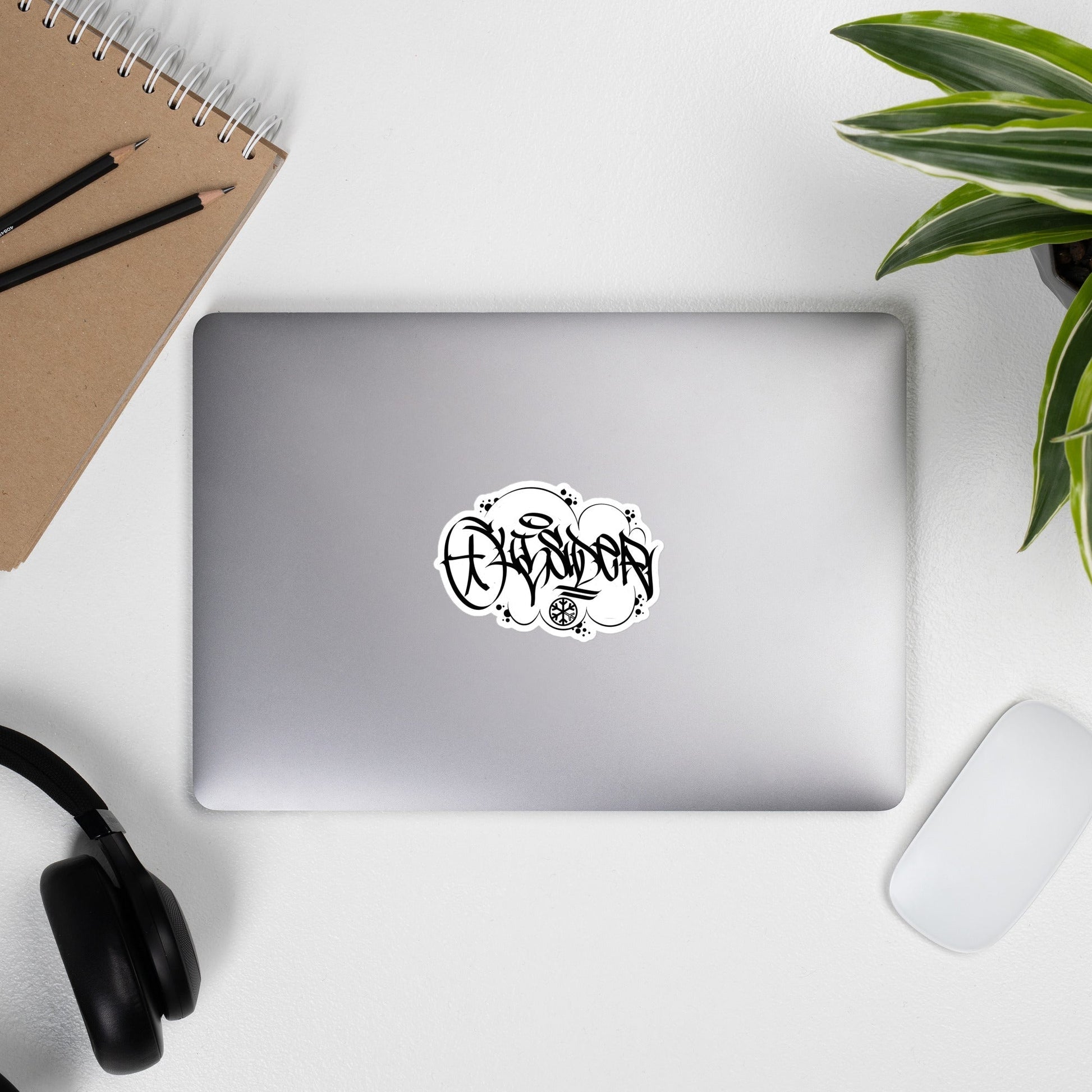 Laptop with Outsider Graffiti Tag Sticker by Caos One from B.Different Clothing, graffiti-inspired streetwear