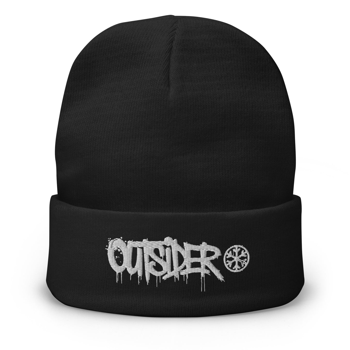 Black-Outsider Graffiti Tag Beanie Hat from B.Different Clothing, front view, graffiti-inspired streetwear
