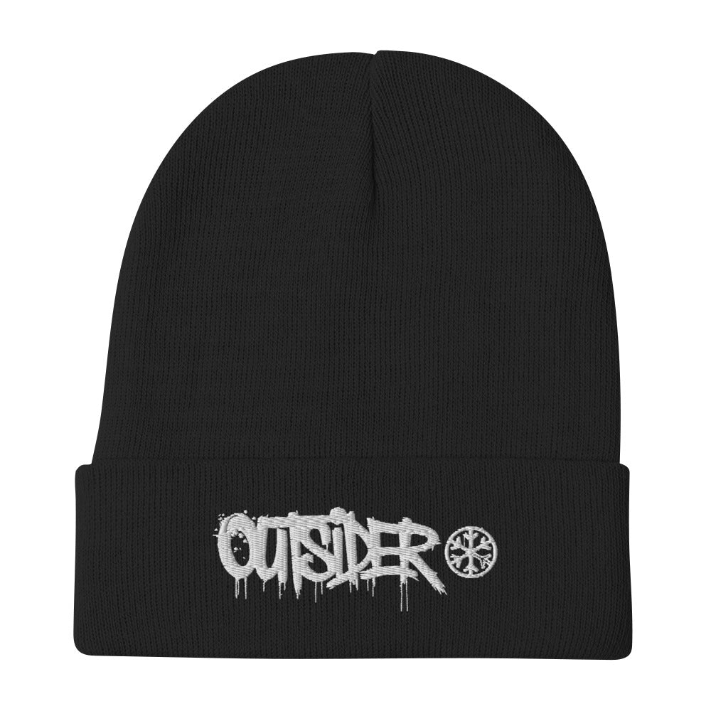 Black-Outsider Graffiti Tag Beanie Hat from B.Different Clothing, flat view, graffiti-inspired streetwear