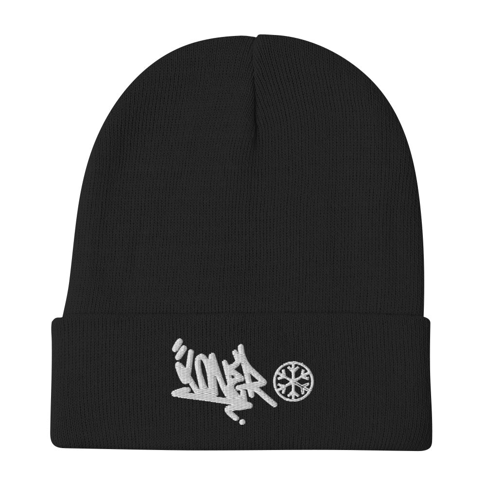 Black-Loner Graffiti Tag Beanie from B.Different Clothing, flat view, graffiti-inspired streetwear