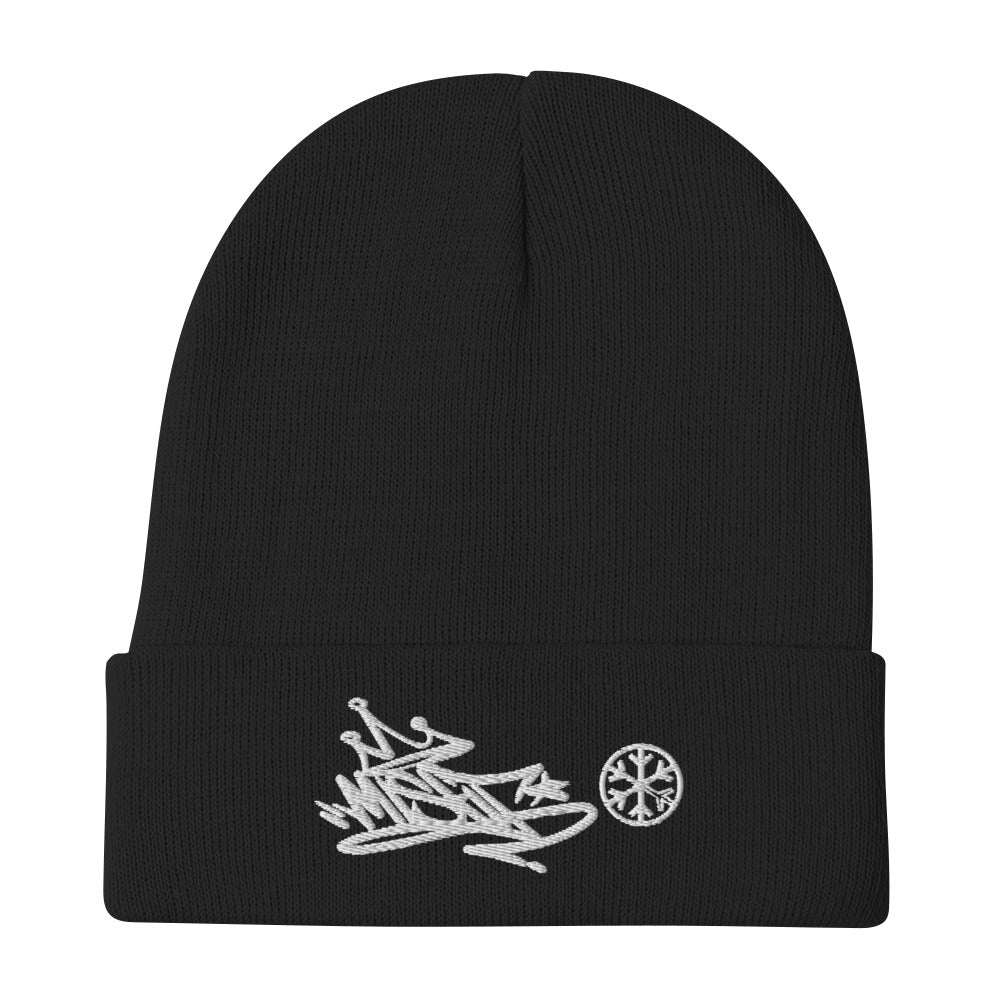 Black-Misfit Graffiti Tag Beanie from B.Different Clothing, flat view, graffiti-inspired streetwear