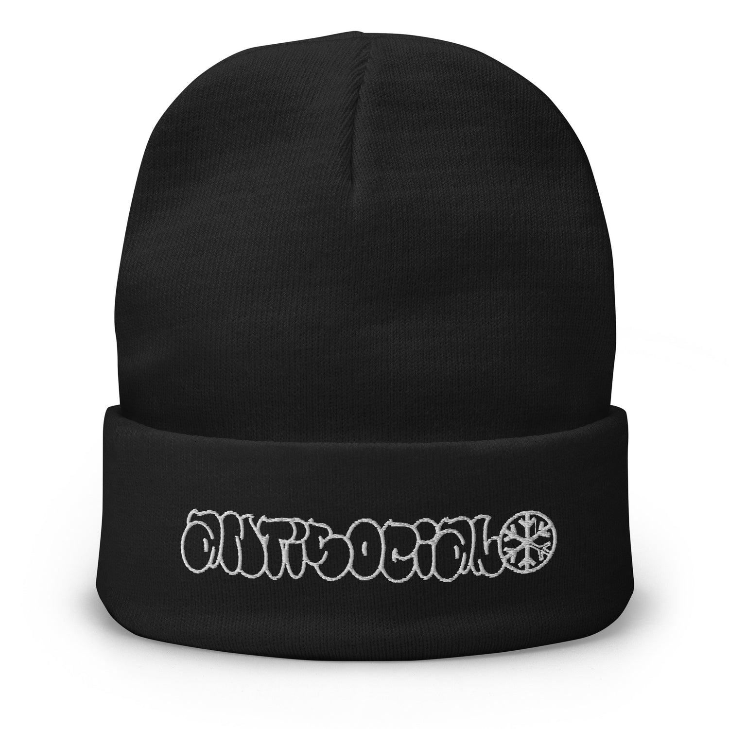 Black-Antisocial Graffiti Hollow Beanie Hat from B.Different Clothing, front view, graffiti-inspired streetwear