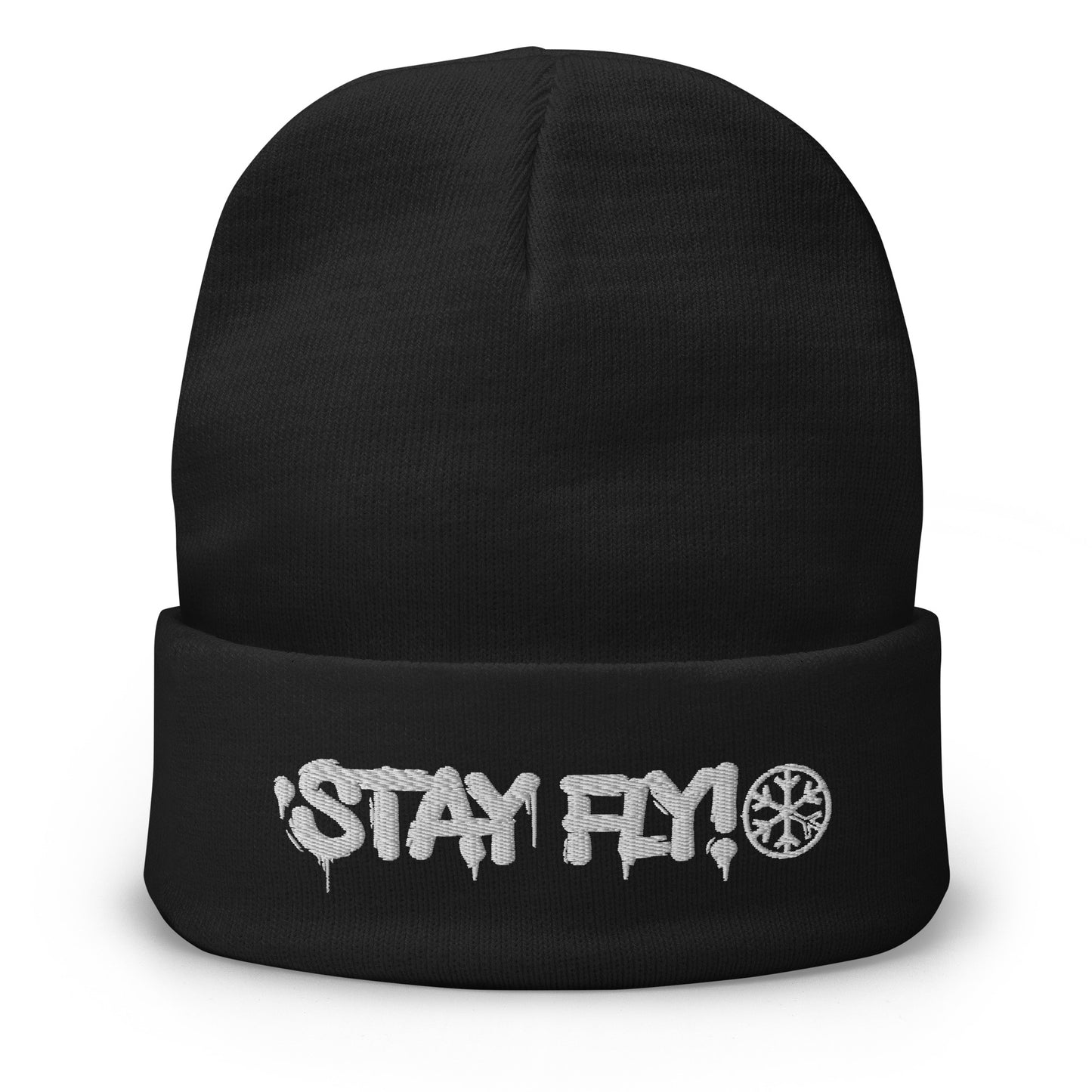 Black-Stay Fly Graffiti Tag Beanie Hat from B.Different Clothing, front view, graffiti-inspired streetwear