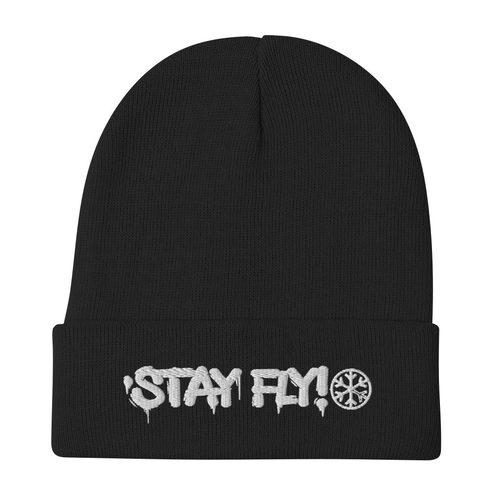 Black-Stay Fly Graffiti Tag Beanie Hat from B.Different Clothing, flat view, graffiti-inspired streetwear
