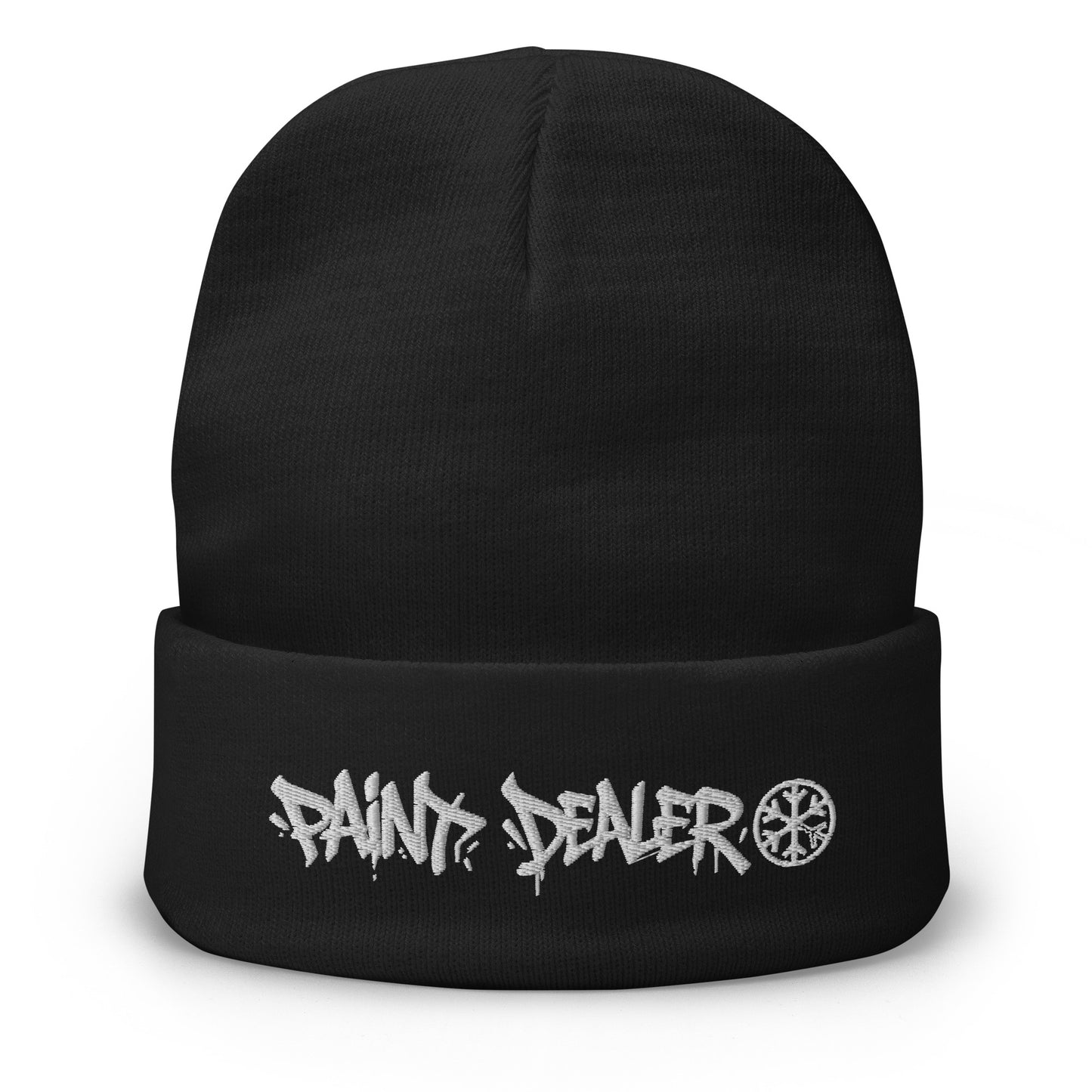 Black-Paint Dealer Graffiti Tag Beanie Hat from B.Different Clothing, front view, graffiti-inspired streetwear