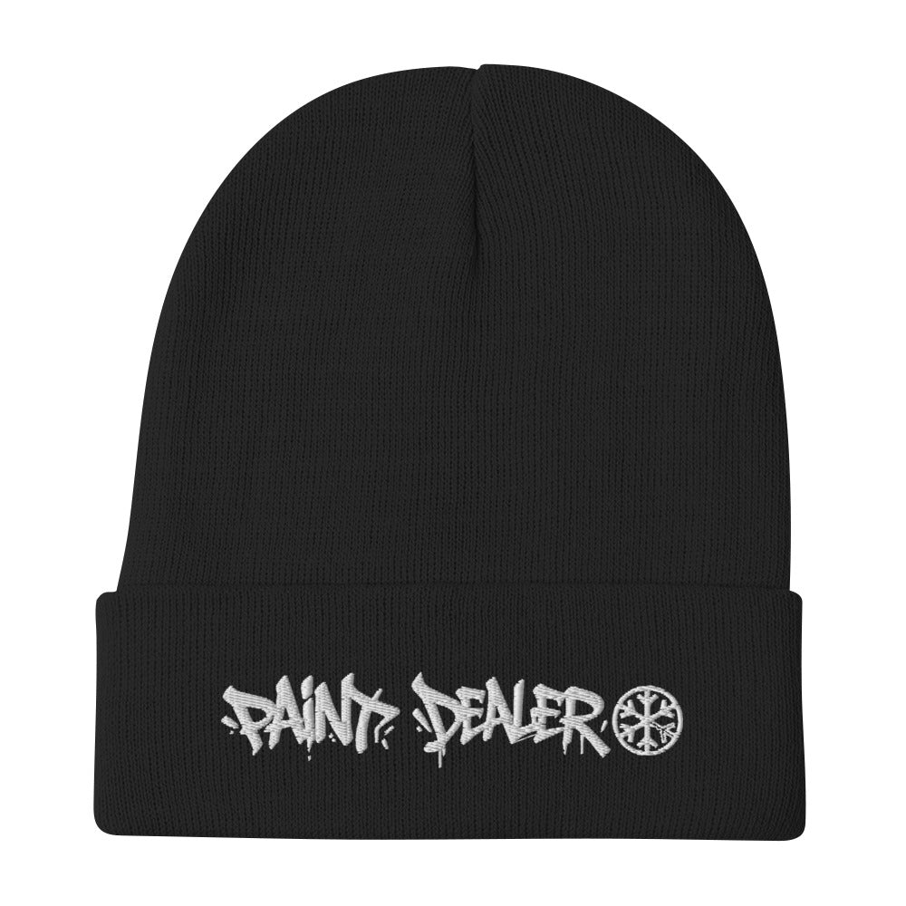 Black-Paint Dealer Graffiti Tag Beanie Hat from B.Different Clothing, flat view, graffiti-inspired streetwear