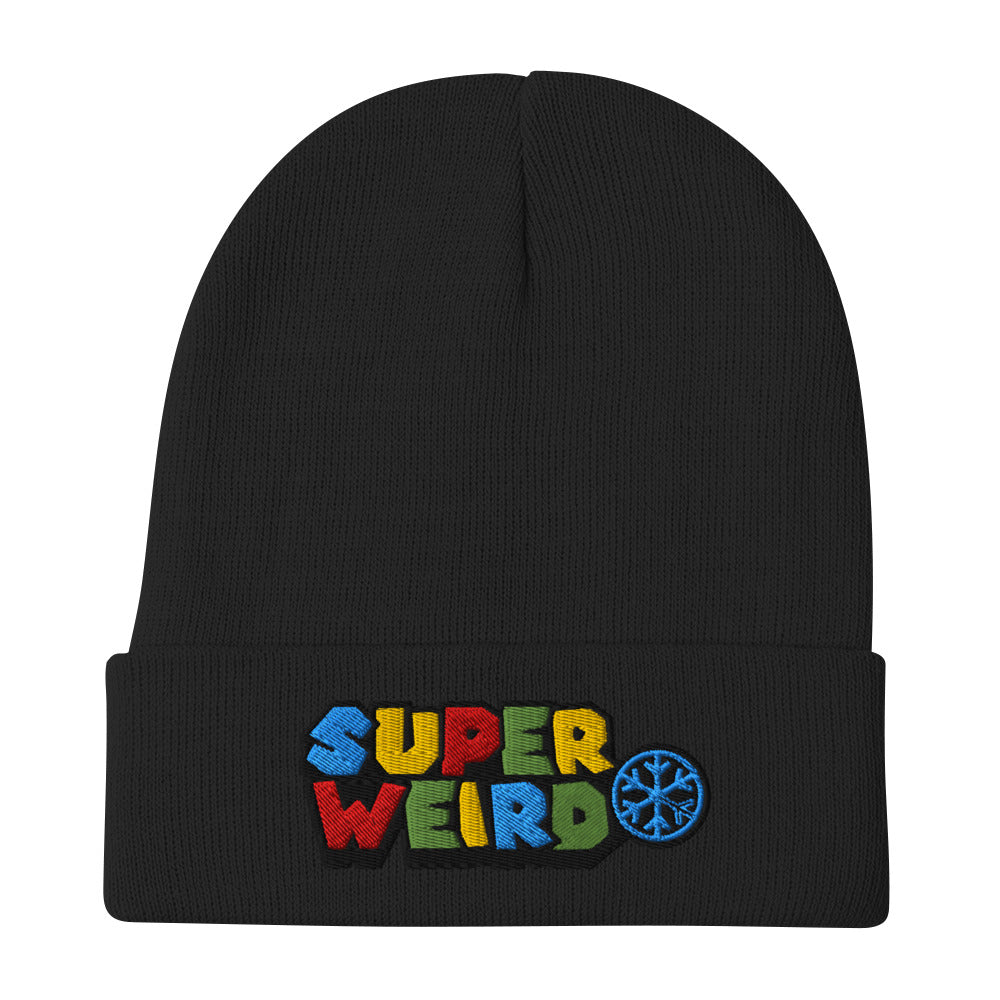 Black-Super Weird Beanie Hat from B.Different Clothing, flat view, graffiti-inspired streetwear