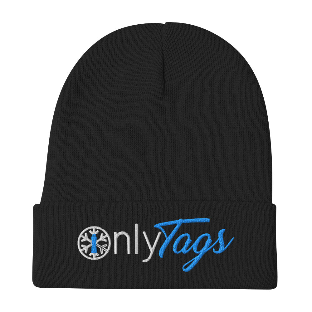 Black-Only Tags Graffiti Beanie Hat from B.Different Clothing, flat view, graffiti-inspired streetwear
