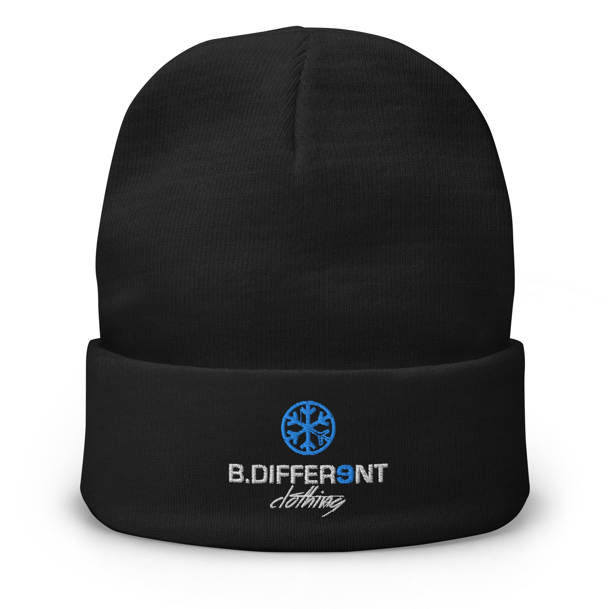 Black-Logo Beanie Hat from B.Different Clothing, front view, graffiti-inspired streetwear