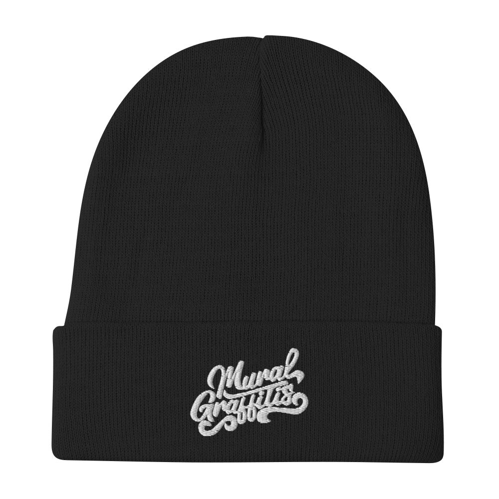 Black-Mural Graffitis Beanie Hat from B.Different Clothing, flat view, graffiti-inspired streetwear