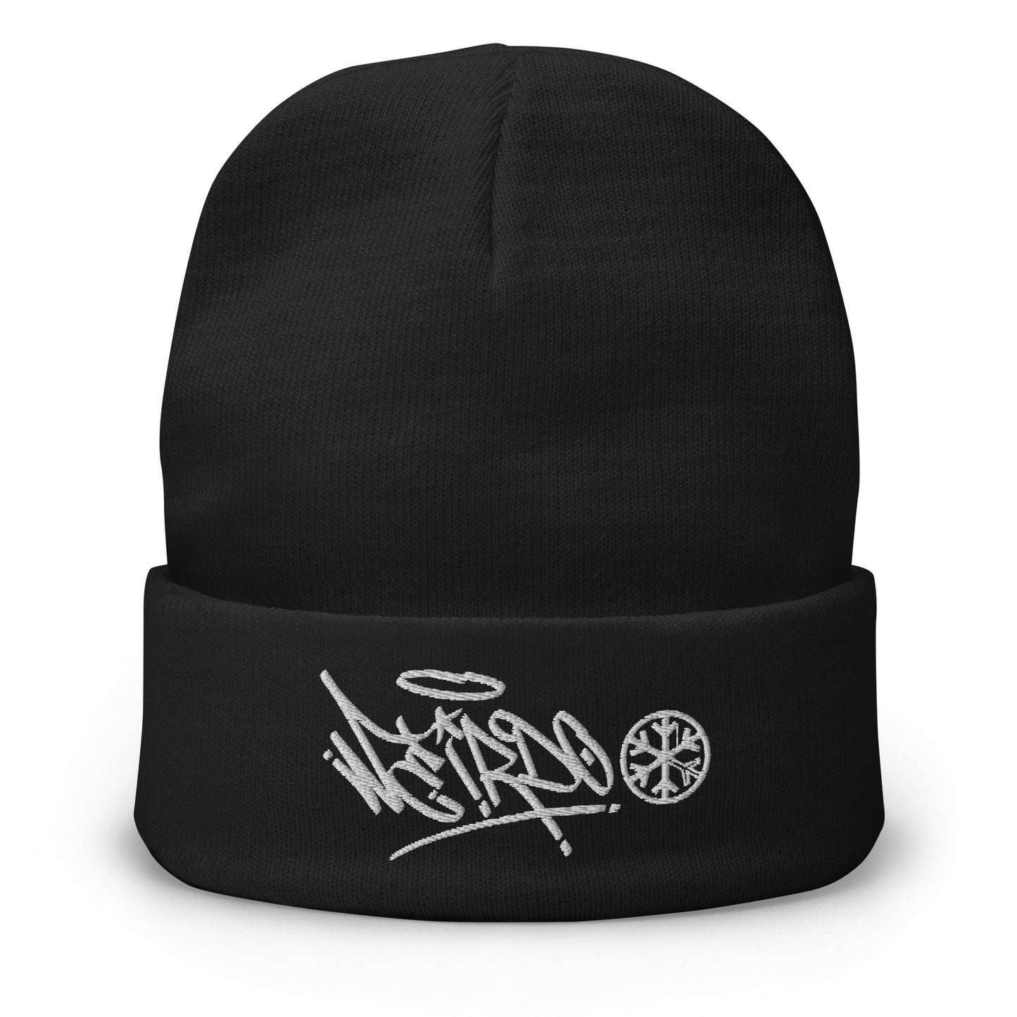 Black-Weirdo Graffiti Tag Beanie Hat from B.Different Clothing, front view, graffiti-inspired streetwear