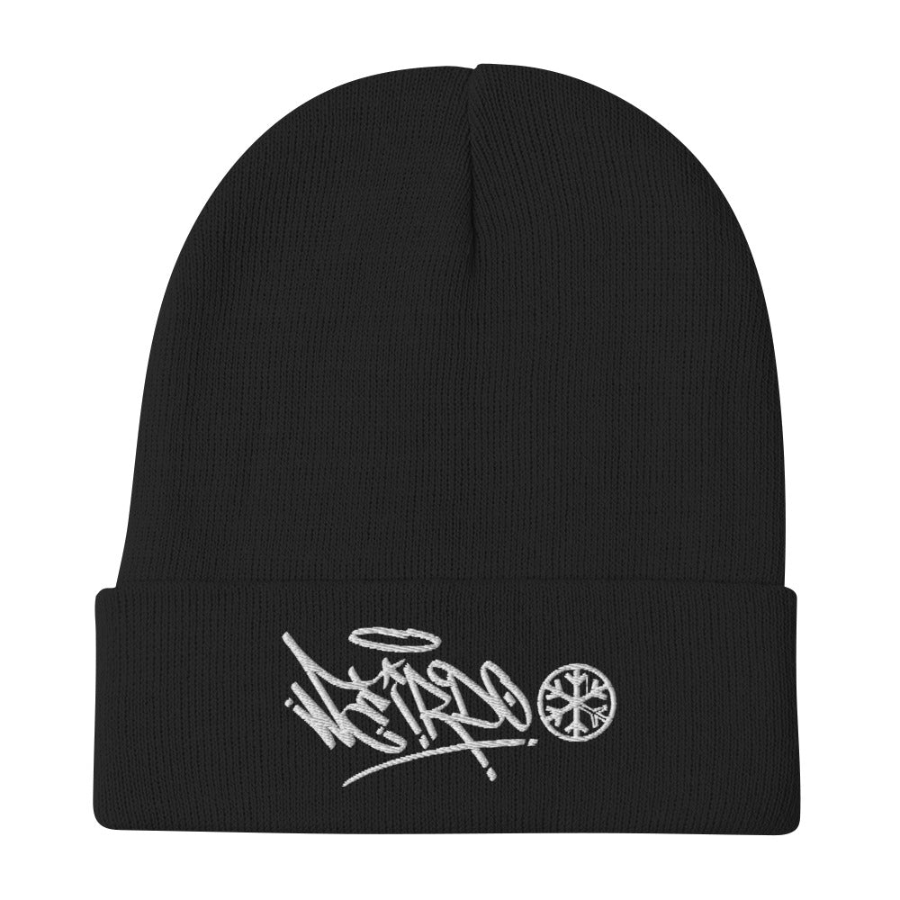 Black-Weirdo Graffiti Tag Beanie Hat from B.Different Clothing, flat view, graffiti-inspired streetwear