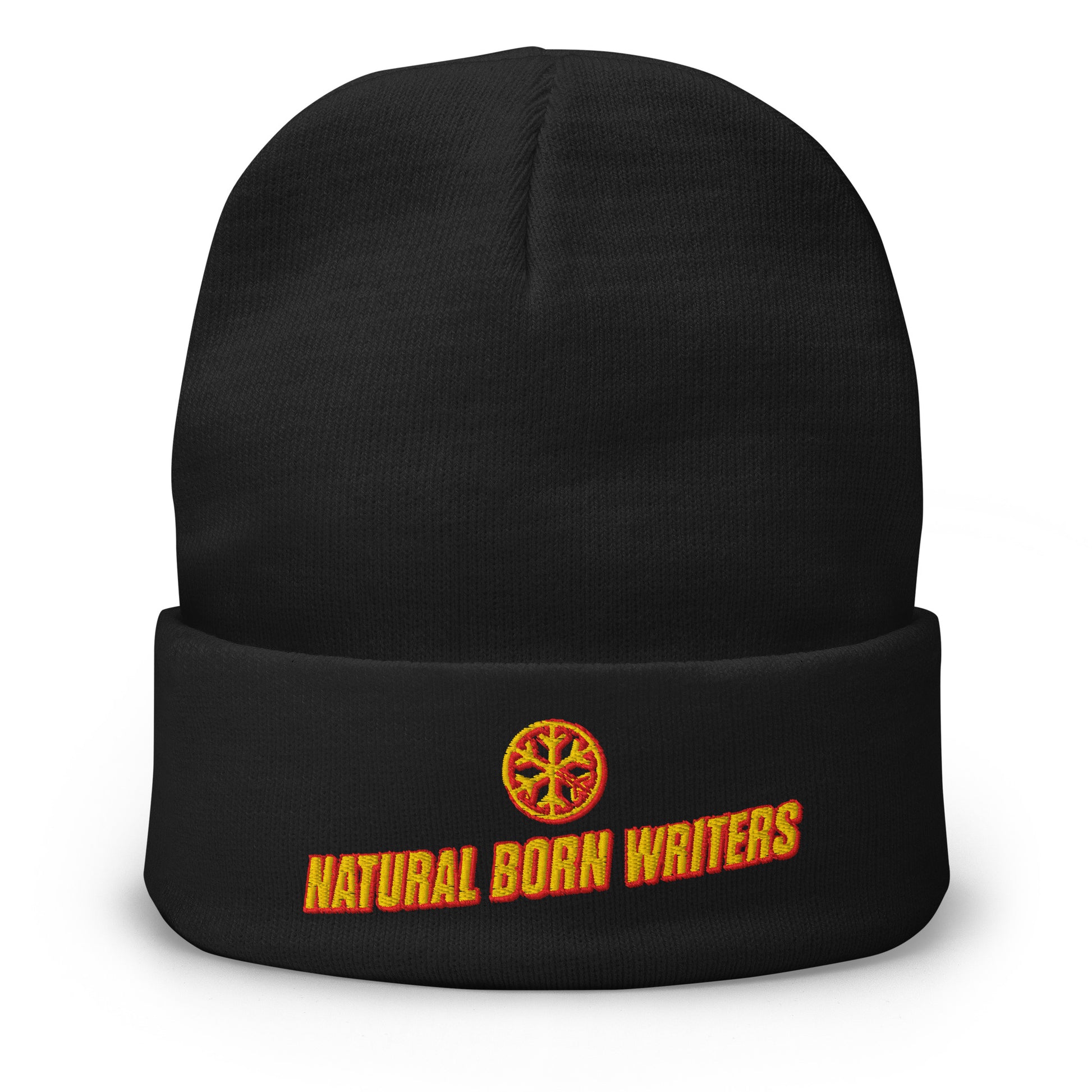 Black-Natural Born Writers Graffiti Beanie Hat from B.Different Clothing, front view, graffiti-inspired streetwear