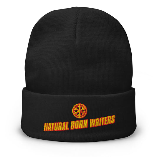 Black-Natural Born Writers Graffiti Beanie Hat from B.Different Clothing, front view, graffiti-inspired streetwear