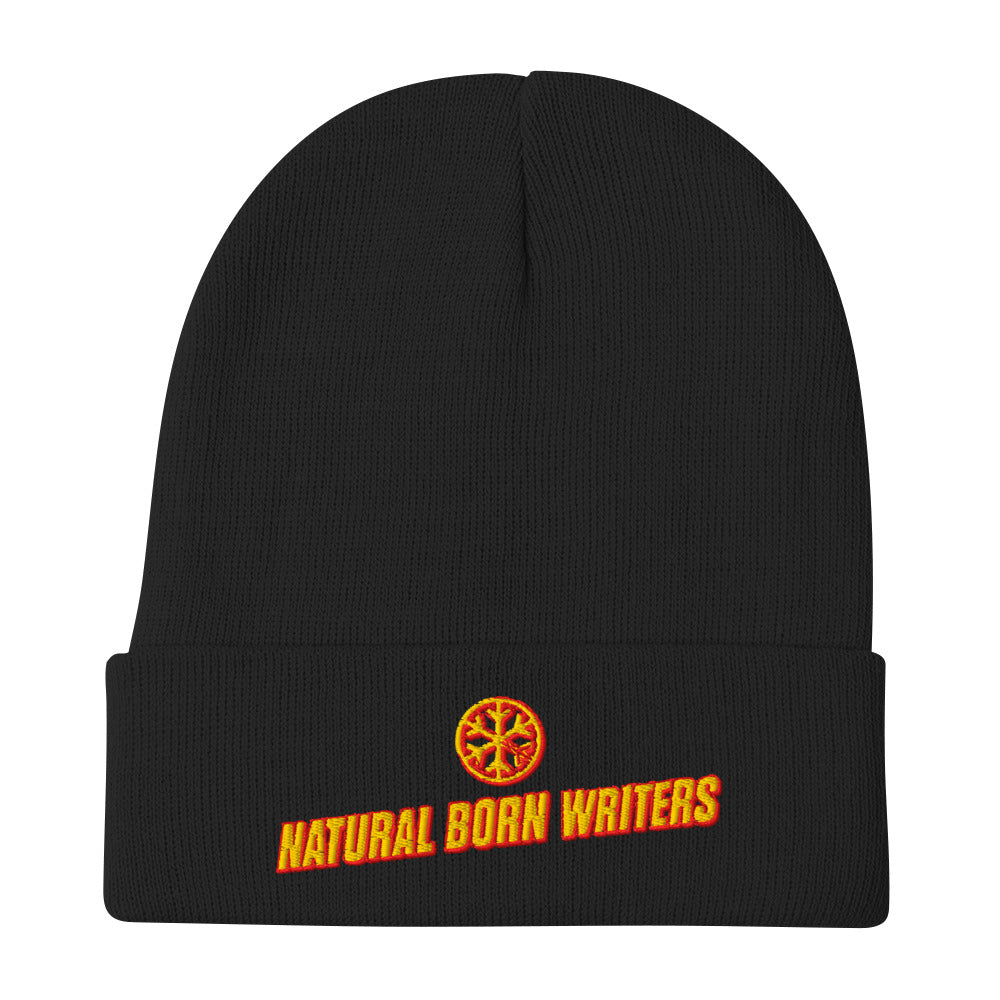 Black-Natural Born Writers Graffiti Beanie Hat from B.Different Clothing, flat view, graffiti-inspired streetwear
