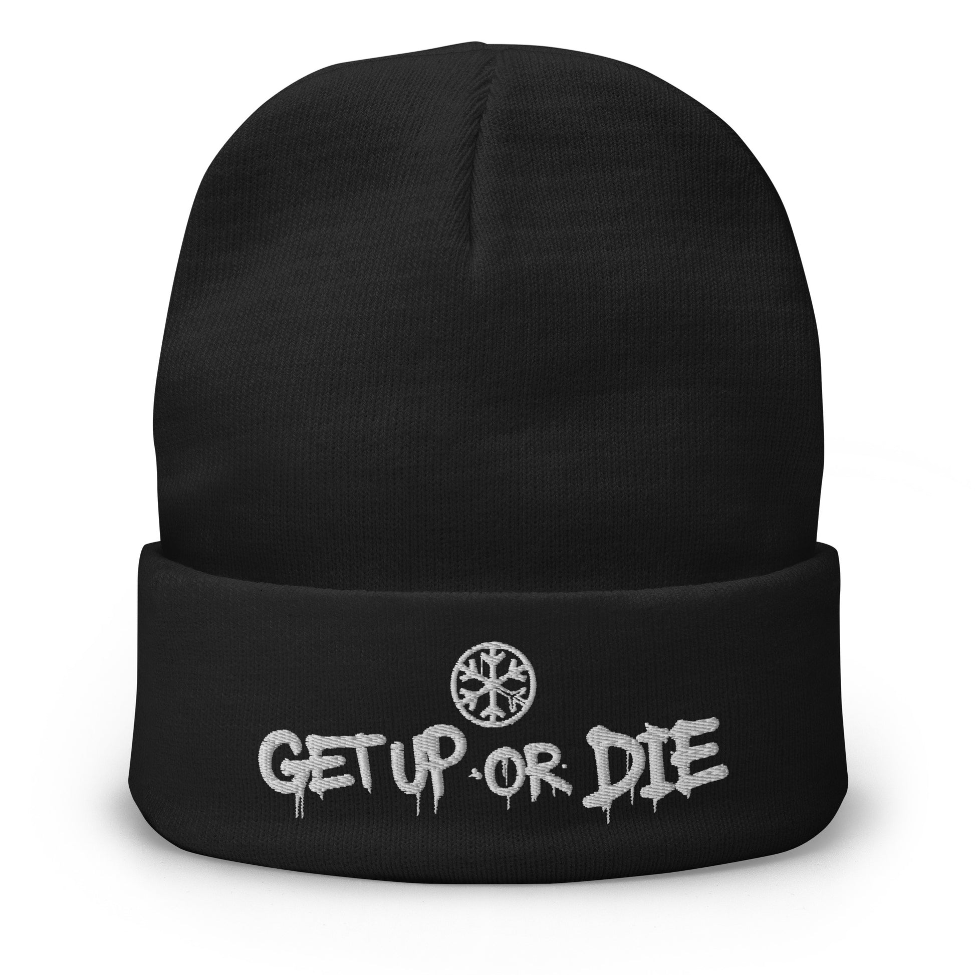 Black-Get Up or Die Graffiti Beanie Hat from B.Different Clothing, front view, graffiti-inspired streetwear