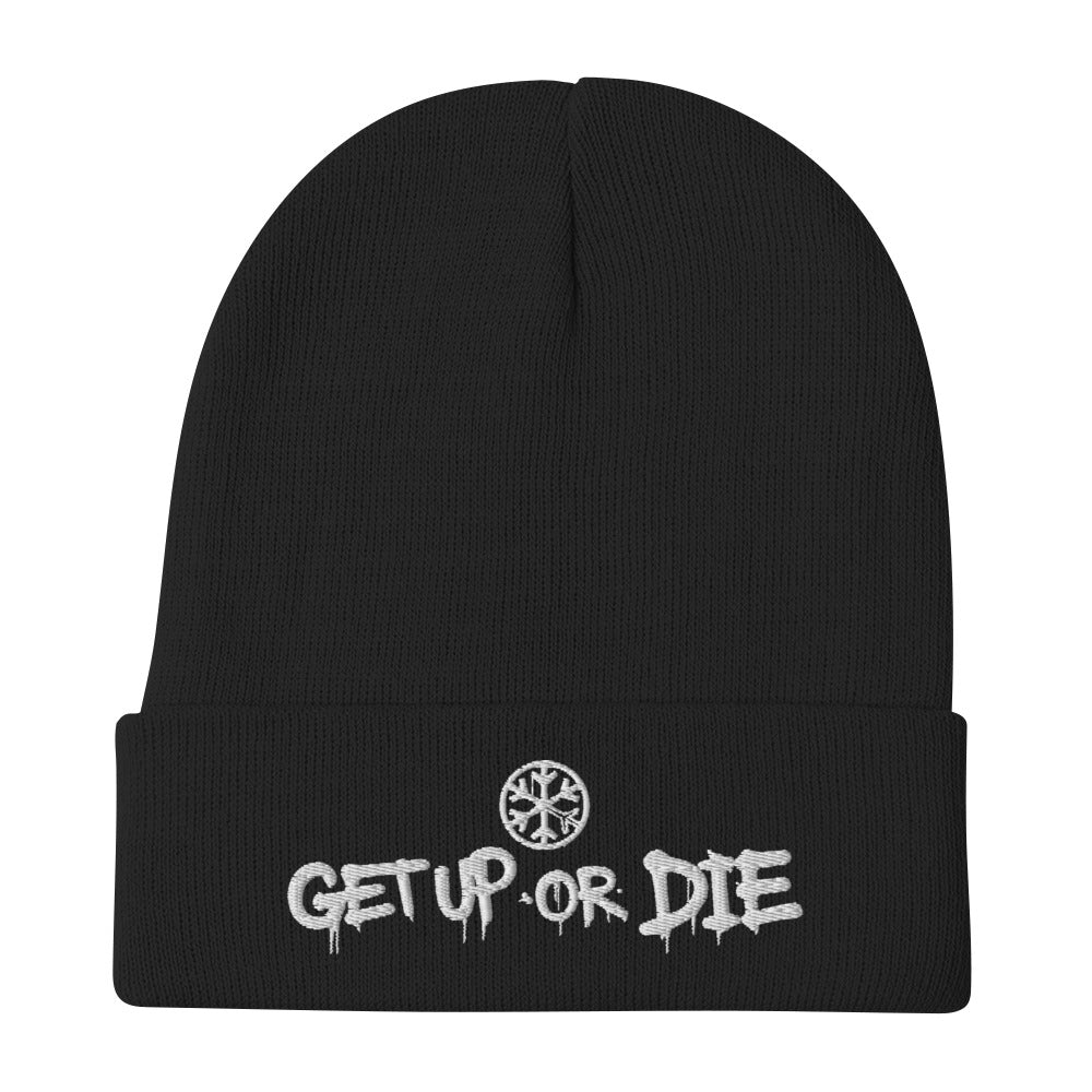Black-Get Up or Die Graffiti Beanie Hat from B.Different Clothing, flat view, graffiti-inspired streetwear