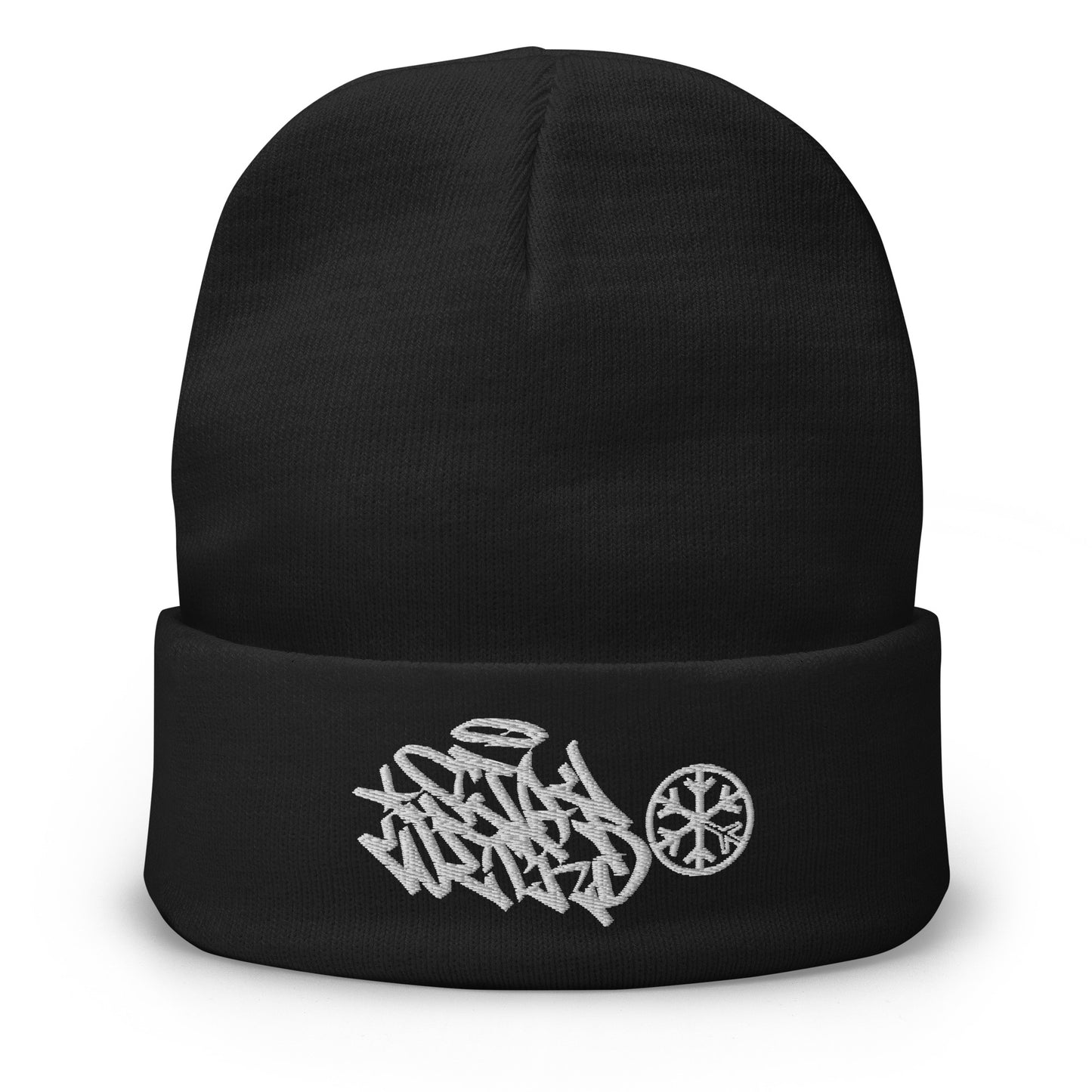 Black-Stay Weird Graffiti Tag Beanie Hat from B.Different Clothing, front view, graffiti-inspired streetwear