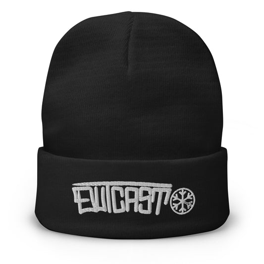 Black-Outcast Graffiti Tag Beanie Hat from B.Different Clothing, front view, graffiti-inspired streetwear