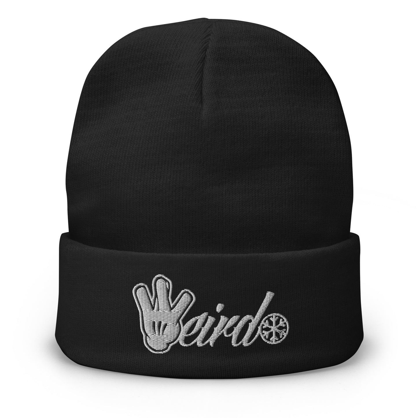 Black-Weirdo Hand Sign Beanie Hat from B.Different Clothing, front view, graffiti-inspired streetwear