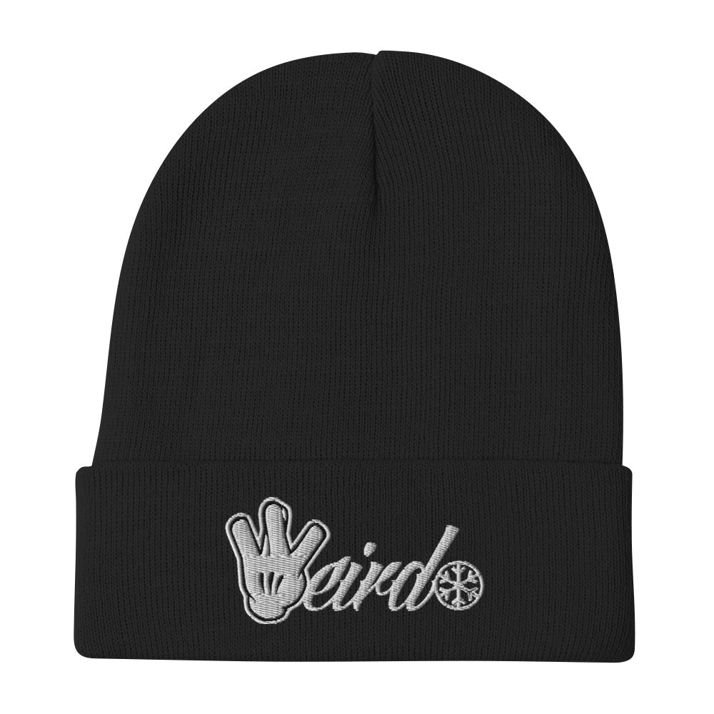 Black-Weirdo Hand Sign Beanie Hat from B.Different Clothing, flat view, graffiti-inspired streetwear
