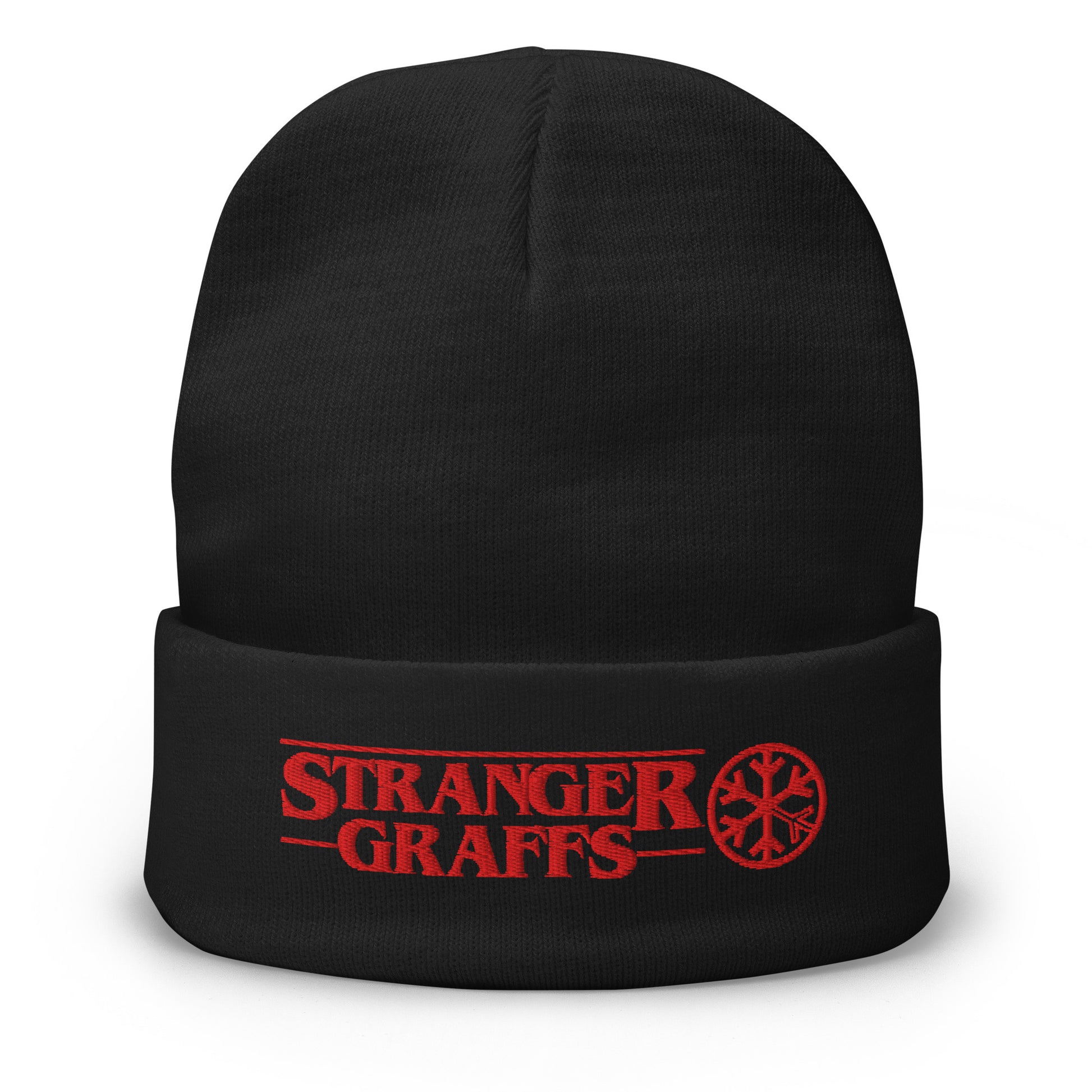 Black-Stranger Graffs Beanie Hat from B.Different Clothing, front view, graffiti-inspired streetwear