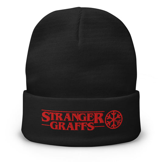 Black-Stranger Graffs Beanie Hat from B.Different Clothing, front view, graffiti-inspired streetwear