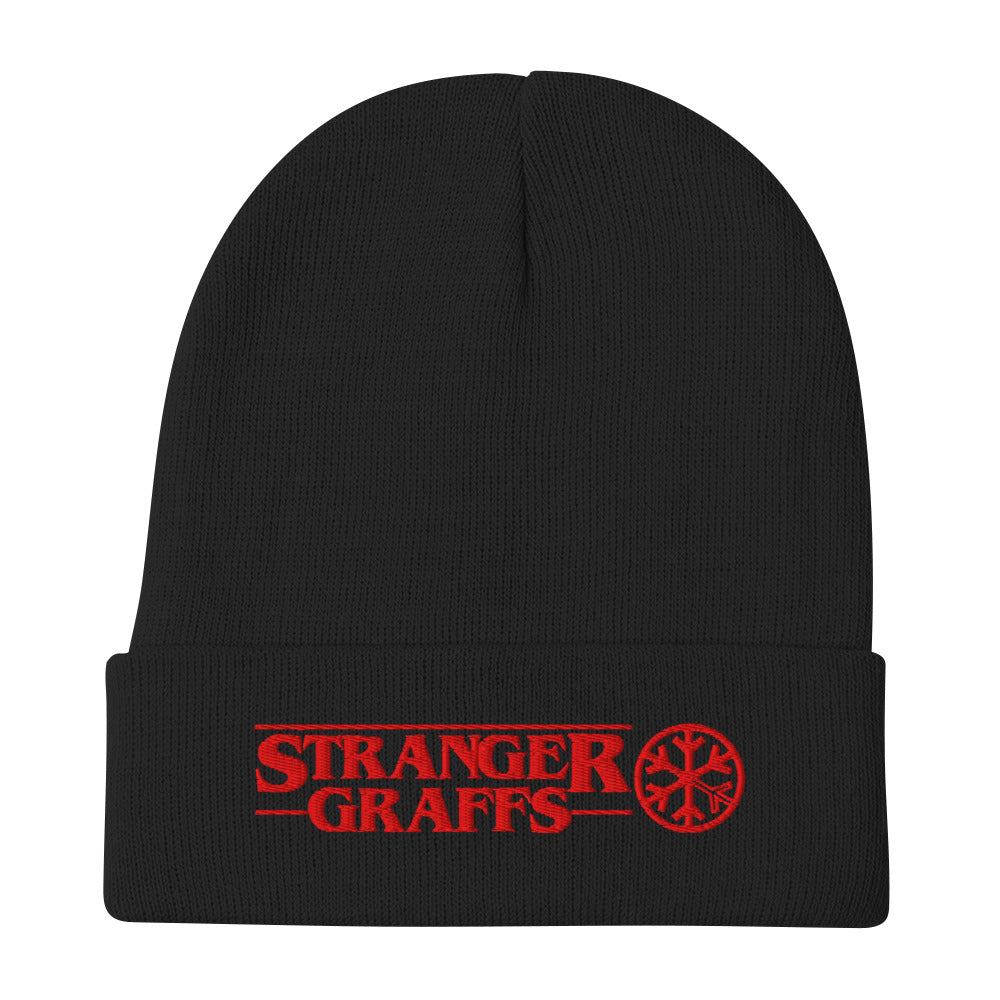 Black-Stranger Graffs Beanie Hat from B.Different Clothing, flat view, graffiti-inspired streetwear