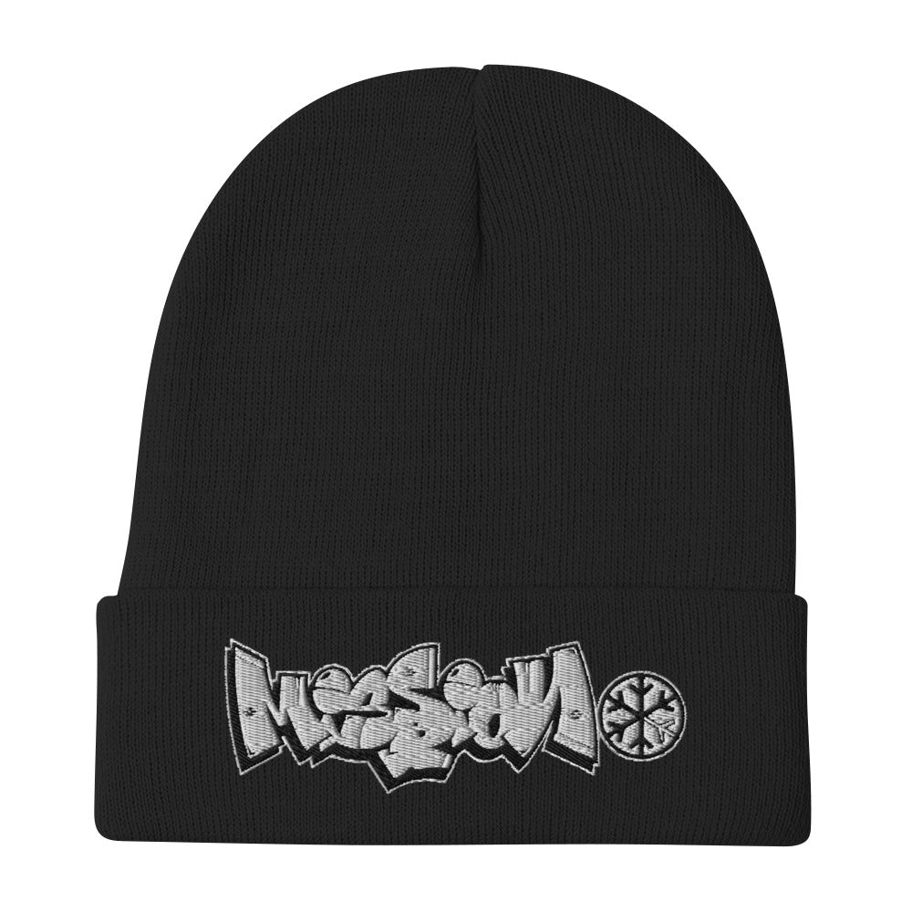 Black-Mission Graffiti Piece Beanie Hat from B.Different Clothing, flat view, graffiti-inspired streetwear