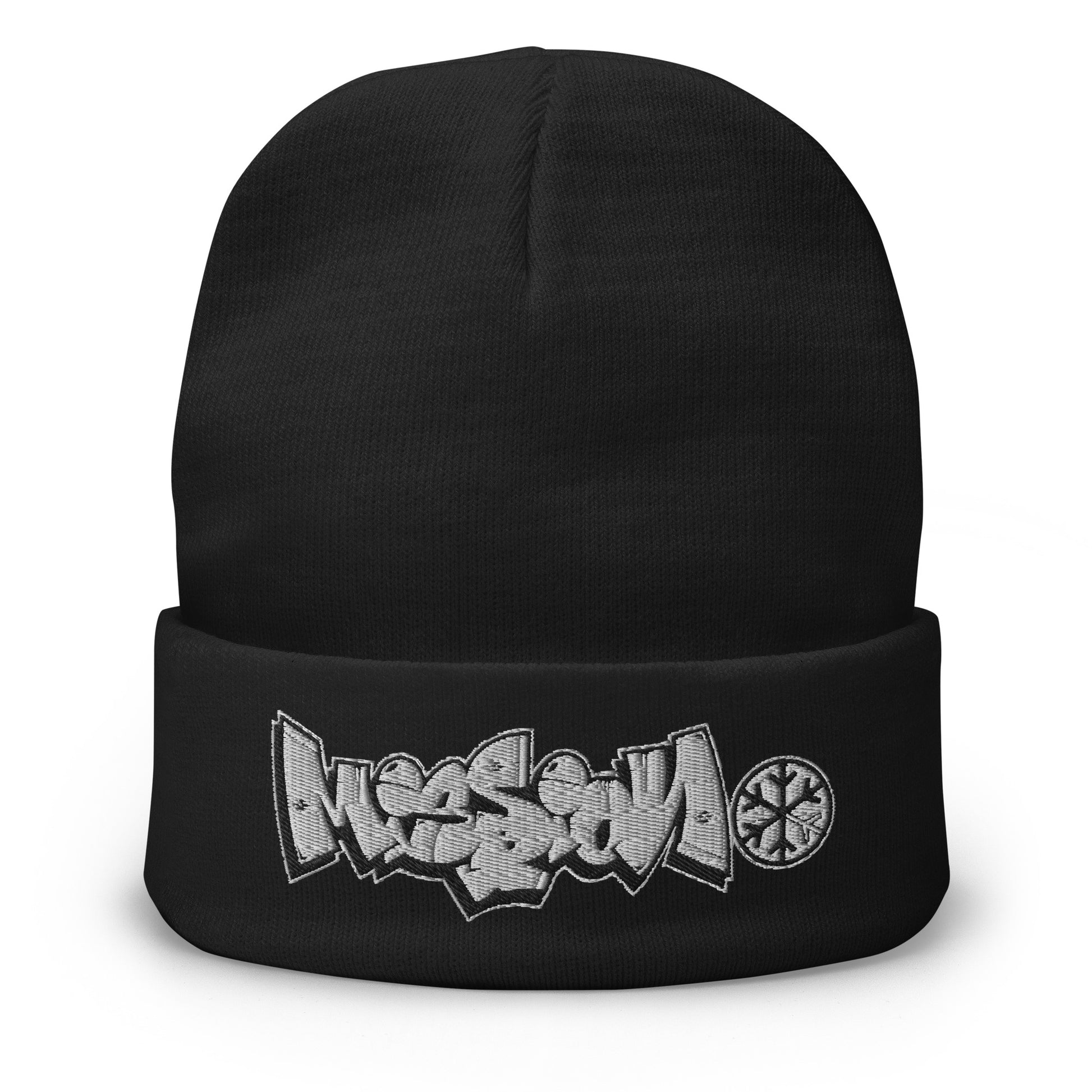 Black-Mission Graffiti Piece Beanie Hat from B.Different Clothing, front view, graffiti-inspired streetwear