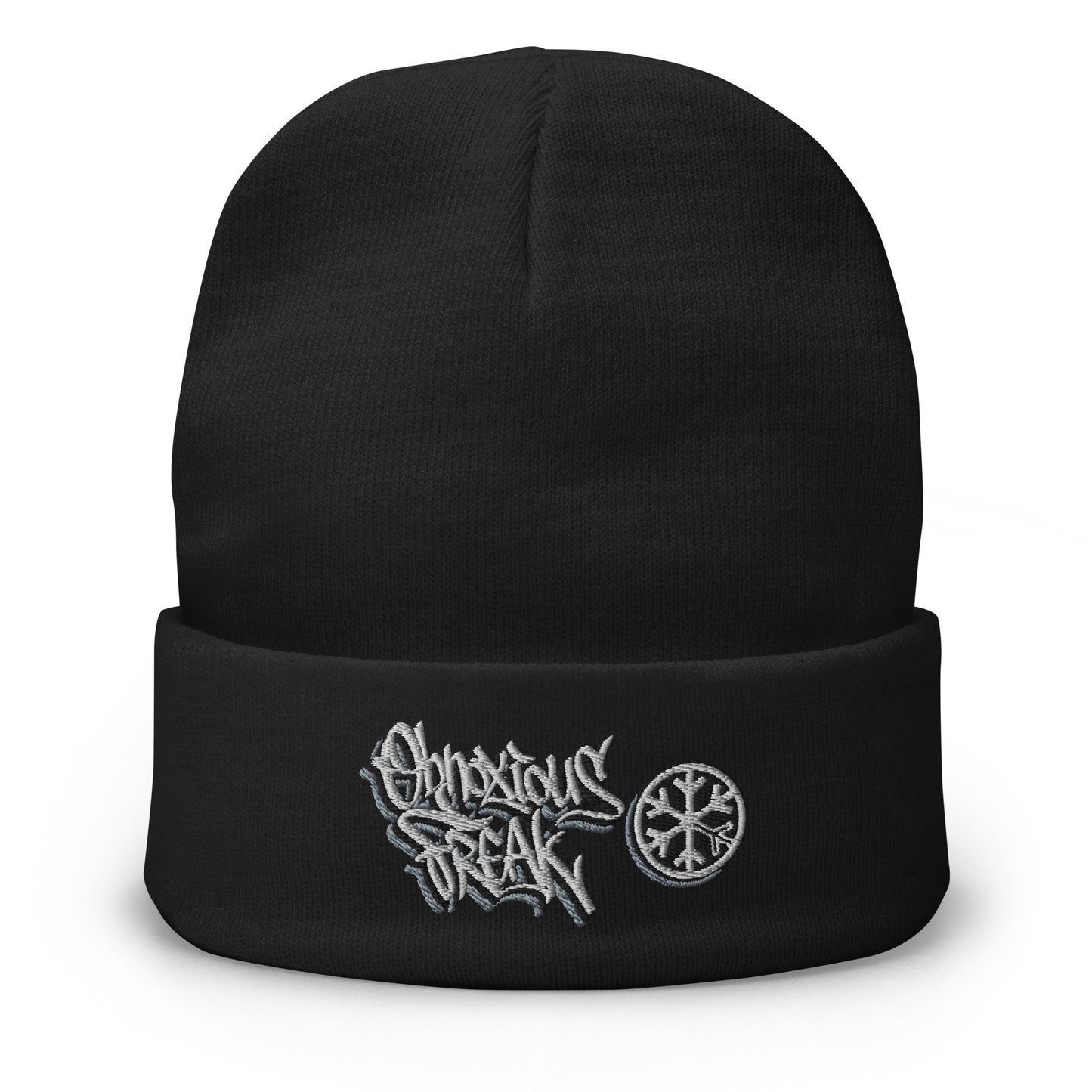 Black-Obnoxious Freak Graffiti Beanie Hat from B.Different Clothing, front view, graffiti-inspired streetwear