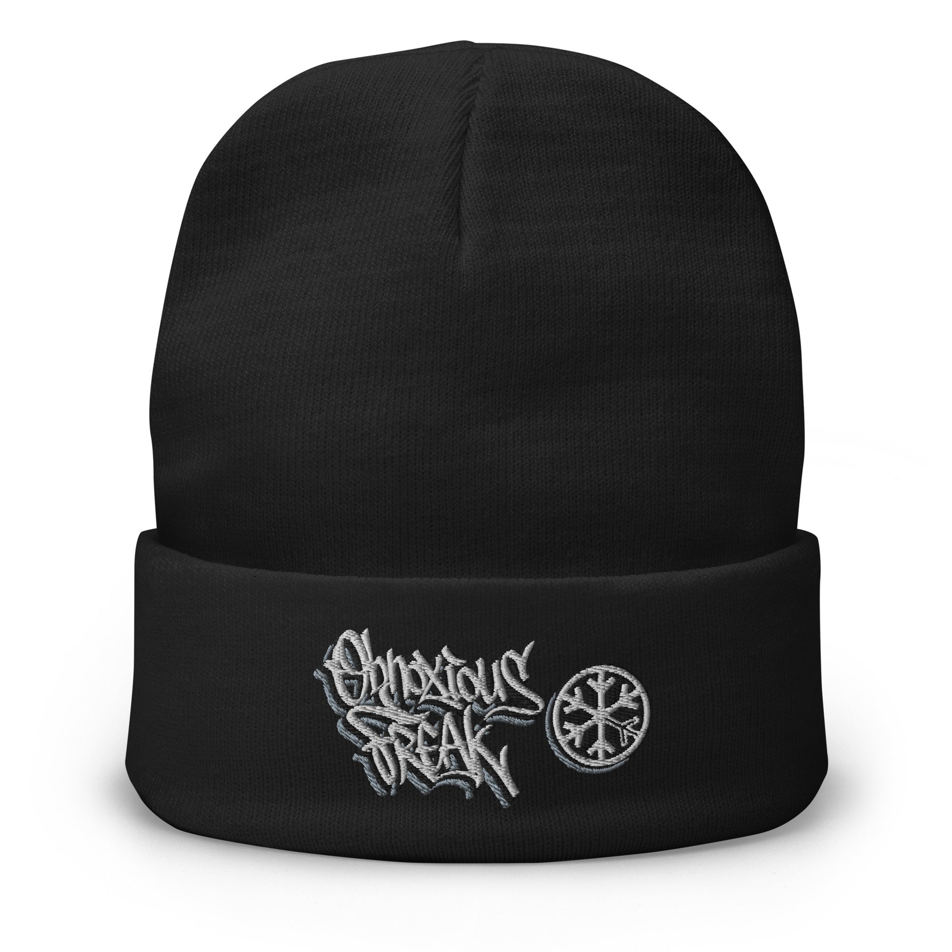 Black-Obnoxious Freak Graffiti Beanie Hat from B.Different Clothing, front view, graffiti-inspired streetwear