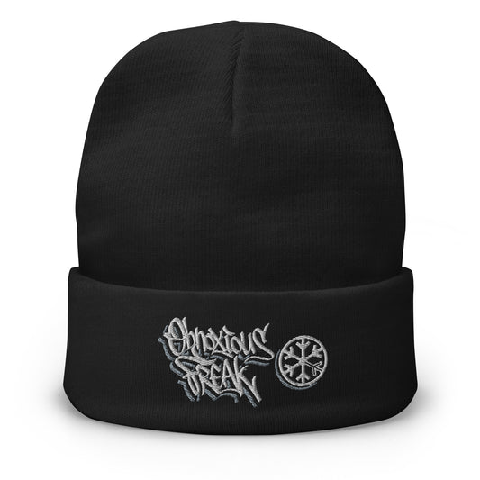 Black-Obnoxious Freak Graffiti Beanie Hat from B.Different Clothing, front view, graffiti-inspired streetwear