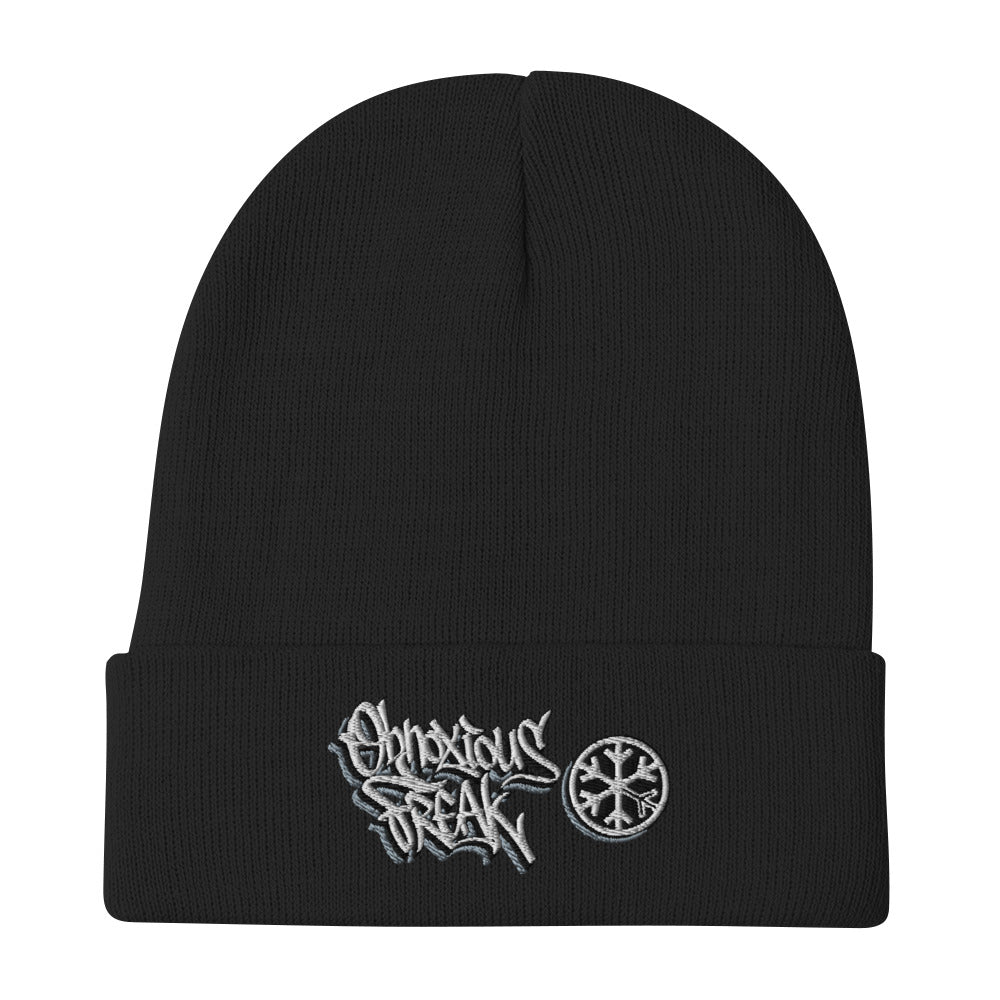 Black-Obnoxious Freak Graffiti Beanie Hat from B.Different Clothing, flat view, graffiti-inspired streetwear