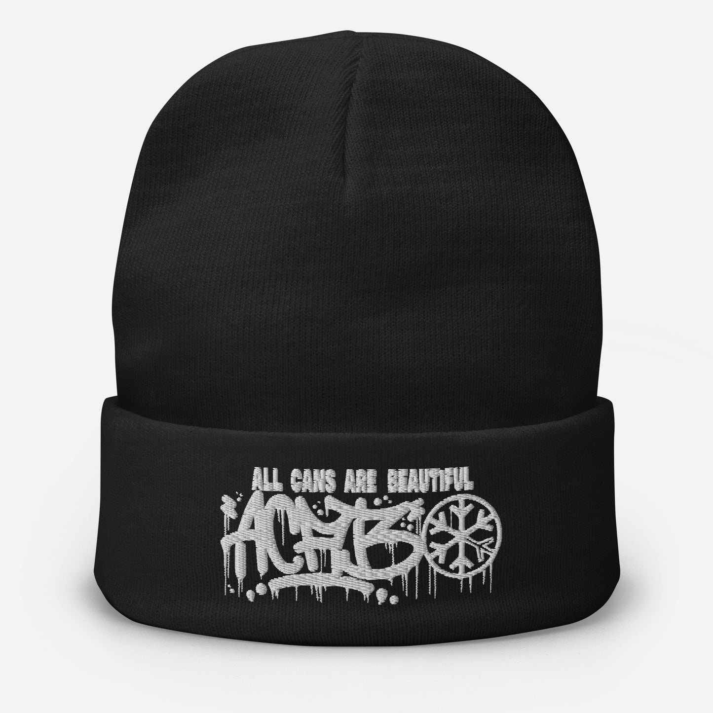 Black-ACAB Graffiti Tag Beanie Hat from B.Different Clothing, front view, graffiti-inspired streetwear