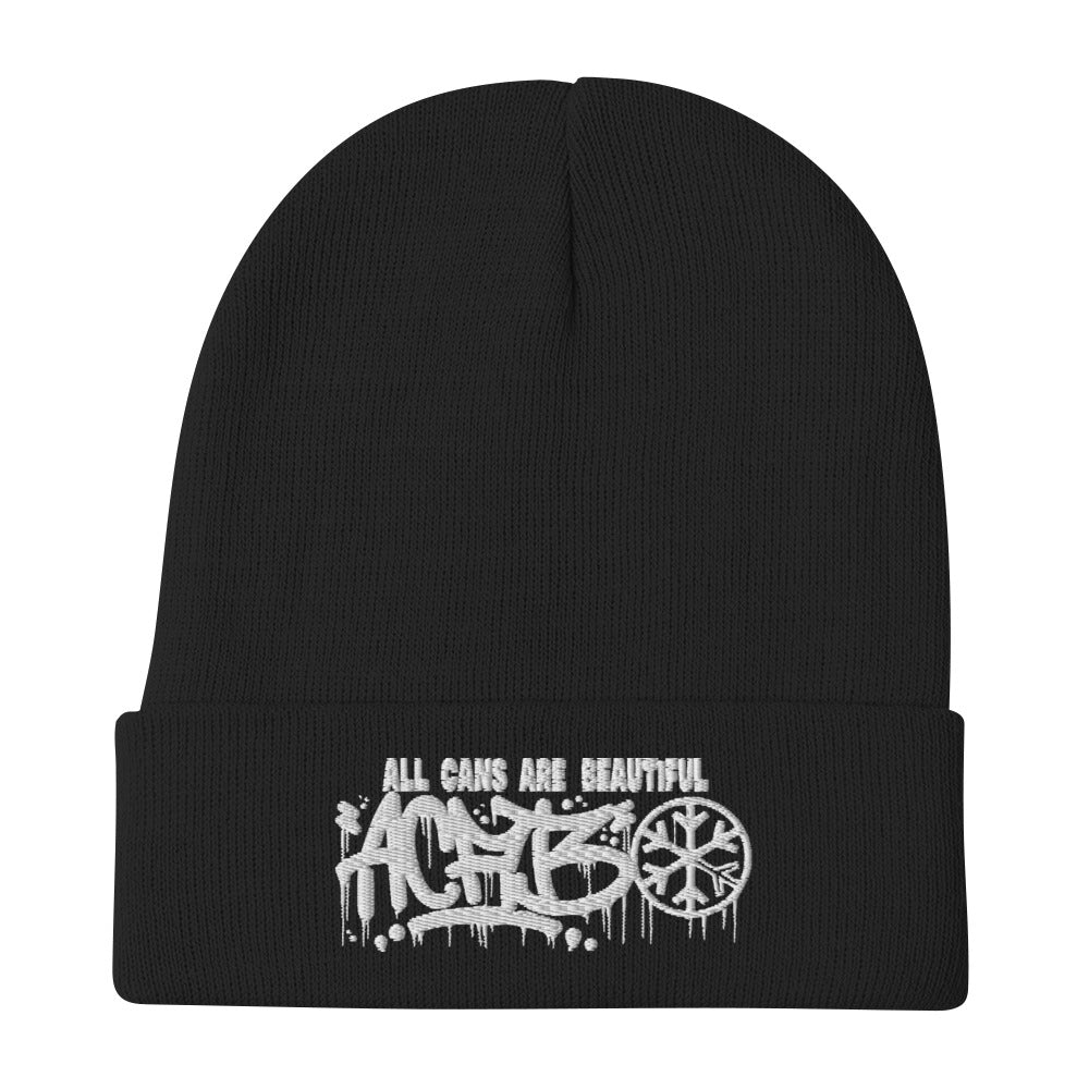Black-ACAB Graffiti Tag Beanie Hat from B.Different Clothing, flat view, graffiti-inspired streetwear