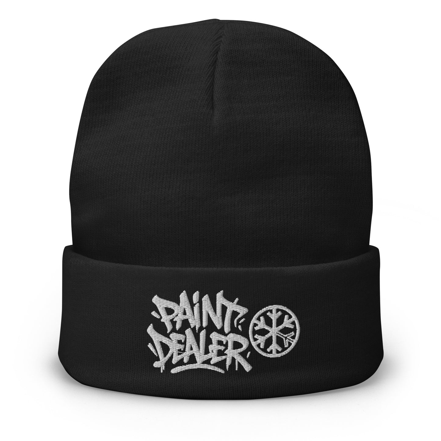 Black-Paint Dealer Graffiti Tag Beanie Hat from B.Different Clothing, front view, graffiti-inspired streetwear