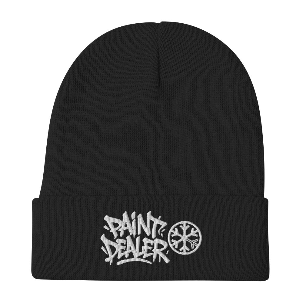 Black-Paint Dealer Graffiti Tag Beanie Hat from B.Different Clothing, flat view, graffiti-inspired streetwear