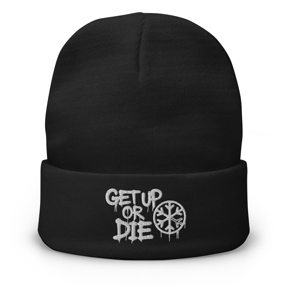 Black-Get Up or Die Graffiti Tag Beanie Hat from B.Different Clothing, front view, graffiti-inspired streetwear
