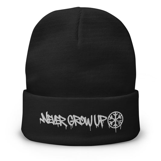 Black-Never Grow Up Graffiti Beanie Hat from B.Different Clothing, front view, graffiti-inspired streetwear