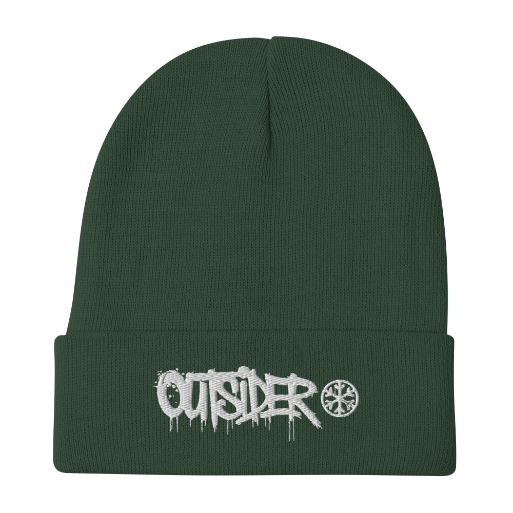 Green-Outsider Graffiti Tag Beanie Hat from B.Different Clothing, flat view, graffiti-inspired streetwear