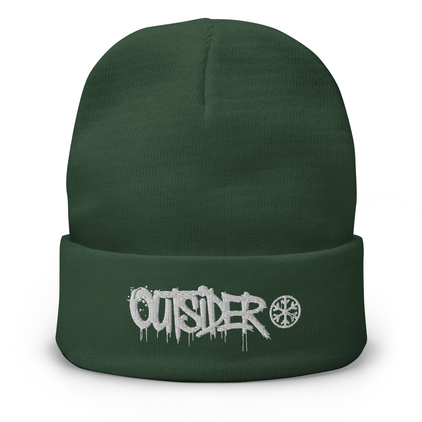 Green-Outsider Graffiti Tag Beanie Hat from B.Different Clothing, front view, graffiti-inspired streetwear
